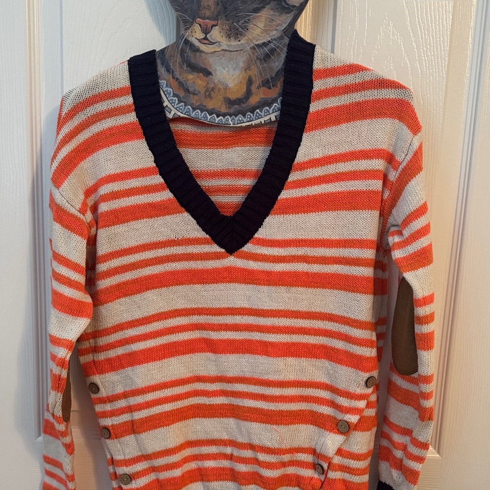 Striped V-Neck Sweater - Orange and Cream